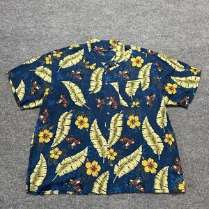 Damante Mens Hawaiian Button Shirt 3X Blue Scooter Floral Print Short Sleeve